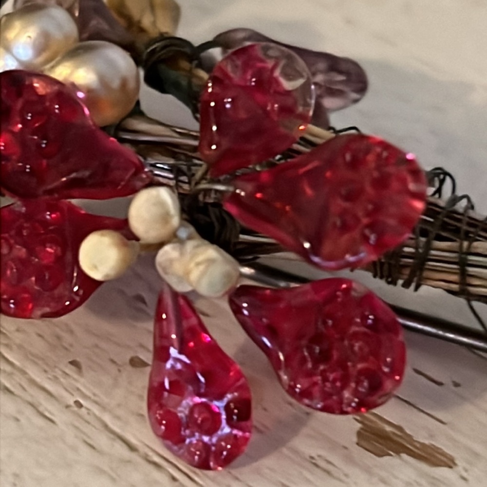 Antique 1930’s brooch handmade blown glass floral picks pearls